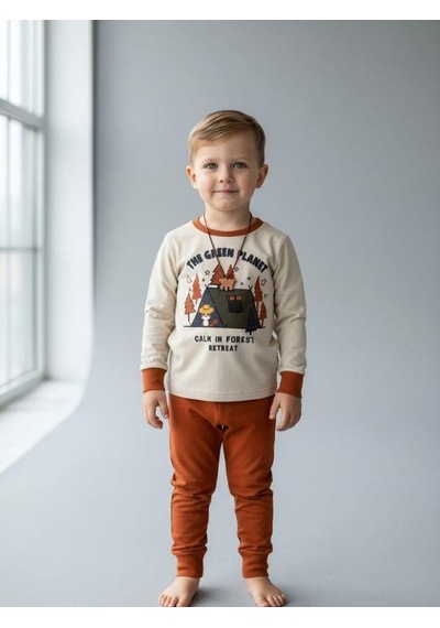 Zekids Erkek Çocuk The Green Planet Yazılı Uzun Kollu Pijama Takımı-16841 Bej