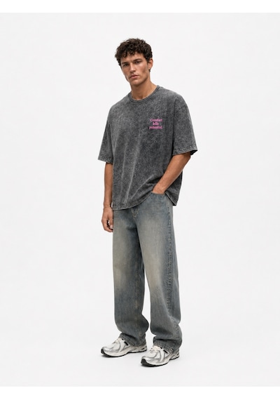 Respire Erkek Puf Baskılı Yıkamalı Oversize T-shirt Siyah