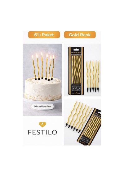 6 Lı Kıvrımlı Mum Gold Pasta Süsü Spiral Mum Pasta Mumları 16 Cm