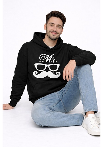 Nevermind Mr Mrs Baskılı Sevgili Kombini Oversize Hoodie Seti Unisex Sevgil Siyah