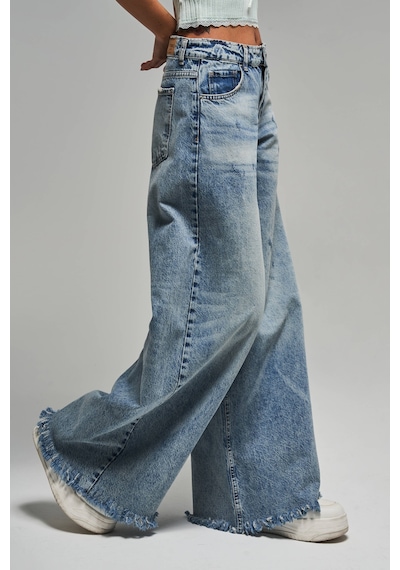 Itsbasic Kadın Kot Rengi 12s5-32 Palazzo Fit Paça Püsküllü %100 Koton Orta Bel Denim Jean Kot Rengi 12s5-84