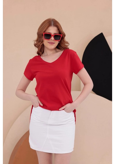 Bbbutikbasic Yırtmaçlı Uzun Basic Tişort Hkn34 Kırmızı