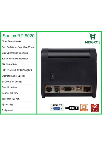 Sunlux Rp8020 Termal Adisyon Fiş Rulosu Yazıcısı