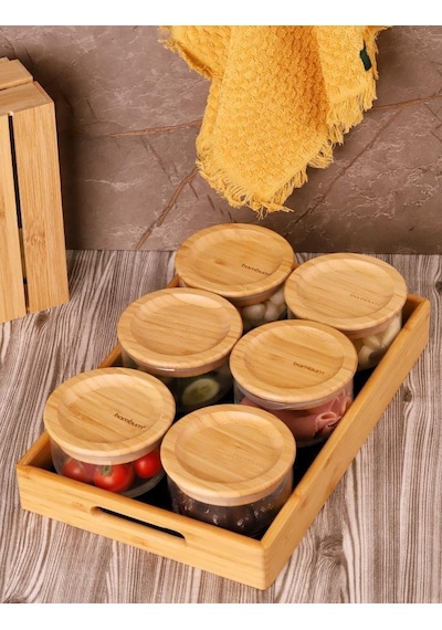 Bambum Duo 300ml 6'lı Siyah Tepsili Bambu Kapaklı Cam Kahvaltılık