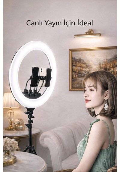Tr 22 İnç Profesyonel Ring Light 3 Telefon Tutuculu, 3 Işık Modlu, Kademesiz Parlaklık Ayarlı, Çift Usb Çık