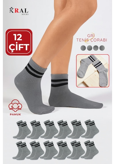 Kral Socks Erkek Kadın 12 Çift Çizgili Kolej Tenis Çorabı Pamuklu Terletmez Çorap Gri