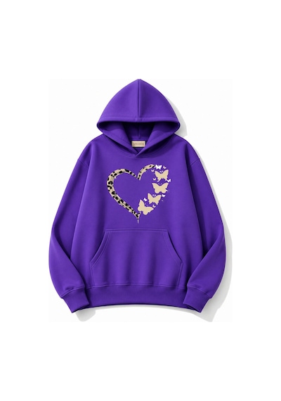 Herkesemoda Leopar Efektli Kalp Baskılı Kapüşonlu 2 İplik Şardonlu Sweatshirt Mor