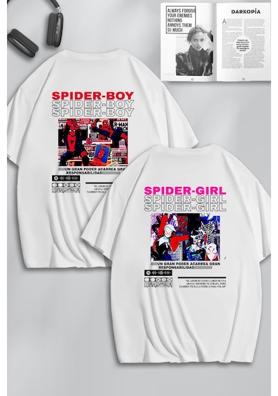 Unisex Spider Boy Ve Spider Girl Sırt Baskılı Sevgili Çift Kombini Tasarım Oversize T-shirt 2li Beyaz Mck0555 Beyaz
