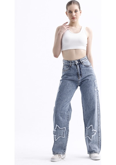 2424 Kadın Yıldız Detaylı Baggy Jeans Kot Denim Pantolon Kar Yıkama