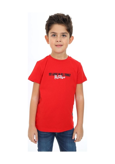 Toontoy Kids Toontoy Erkek Çocuk Baskılı Bisiklet Yaka Kısa Kollu Tişört Kırmızı