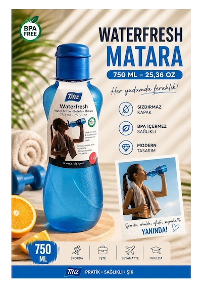 Renkli Suluk Matara 750 Ml Kokusuz Suluk, Okul Suluğu, Spor Suluğu, Plastik Suluk Mavi