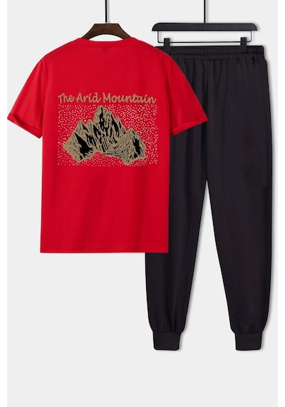 Uyguntarz Unisex Arid Mountain Baskılı 2'li Eşofman Takımı Kırmızı