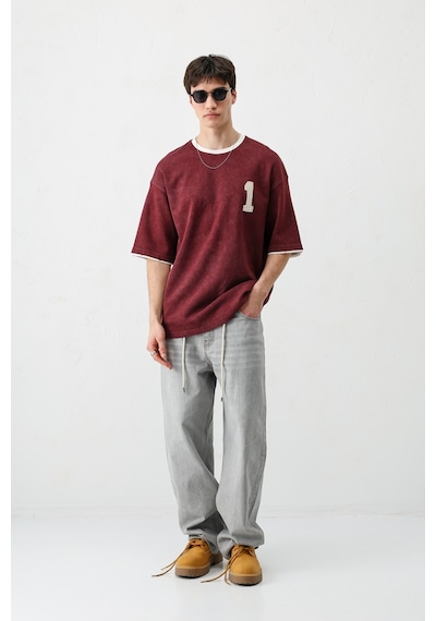 Vamos Oversize Baskılı Tişört V70-134 Bordo