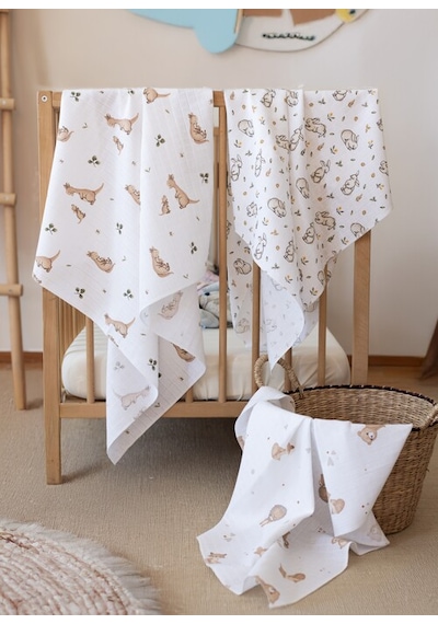 Çok Amaçlı Müslin Örtü & Battaniye 3'lü Set Pamuk Oeko-teks Sertifikalı 80x80 Cm Beyaz - Kahverengi