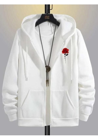 Altamira Unisex Beyaz Çicek Baskı Fermuarlı Kapüşonlu Oversize Hırka 001