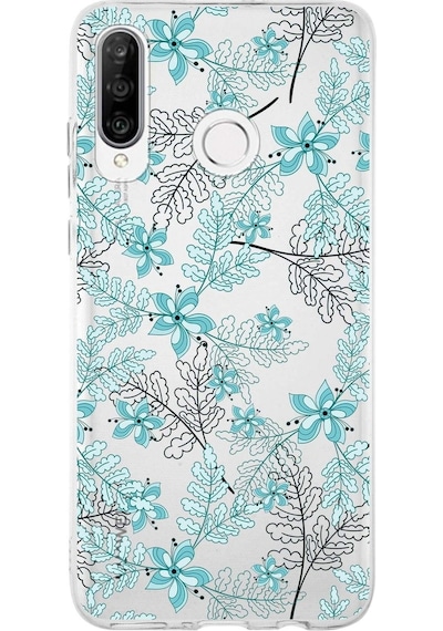 Huawei P30 Lite Uyumlu Kapak Floral Su Yeşili Tasarımlı Şeffaf Silikon Kılıf