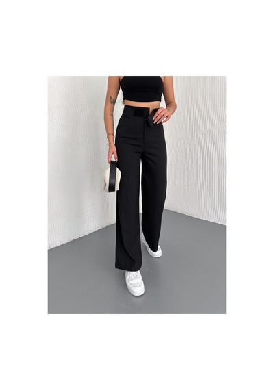 Gugus Kadın Cepsiz Dokuma Kumaş Pantolon Beli Cırtlı Bol Paça Wide Leg Model Siyah