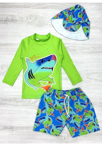 My Kids Wear Güneş Korumalı Boneli Karakter Desenli Deniz Şortlu Mayo Takım Turuncu - Lacivert