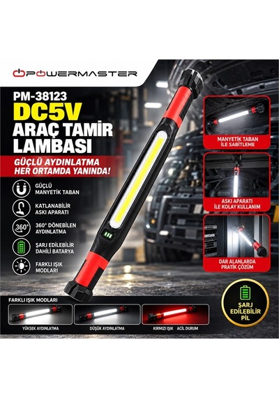 Powermaster Pm-38123 Dc 5v Şarjlı Manyetik Taban Askı Aparatı Çoklu Işık Modu Araç Tamir Lambası Diğer