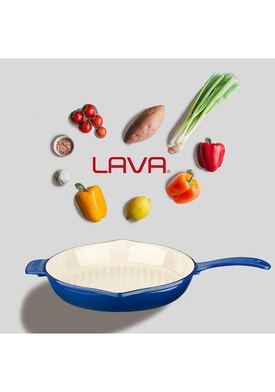 Lava Döküm Yuvarlak Izgara Tavası Döküm Demir Yekpare Saplı Edition Serisi Çap Ø 28cm Mavi