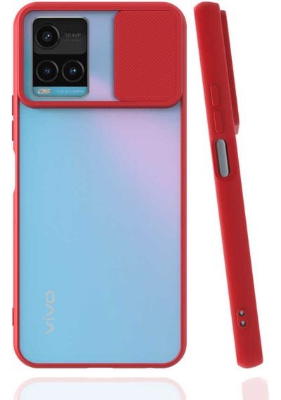 Kilifone - Vivo Y21s Uyumlu - Kılıf Slayt Sürgülü Arkası Buzlu Lensi Kapak - Kırmızı