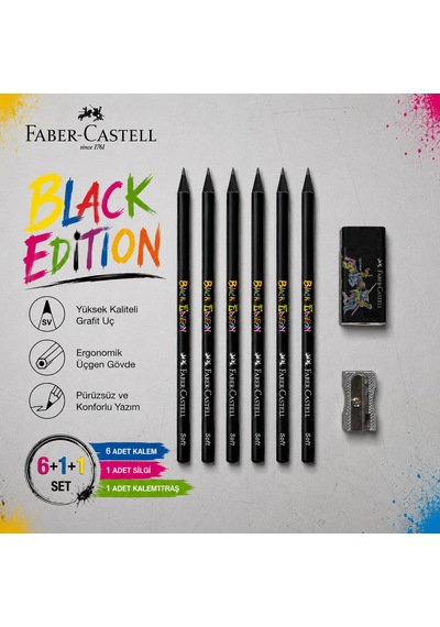Faber-castell Black Edition Kurşun Kalem 6 Adet+black Edition Silgi+tek Bıçaklı Kalemtraş Set Siyah