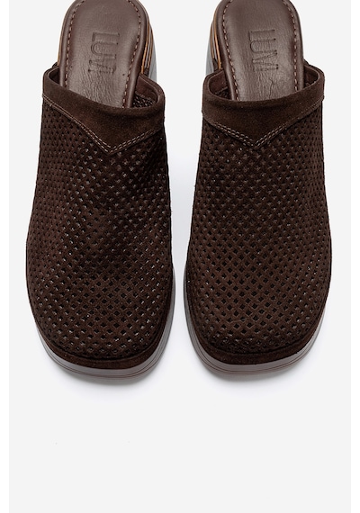 Luvishoes Dejas Kahverengi Süet Hakiki Deri Delikli Kadın Kalın Topuklu Terlik