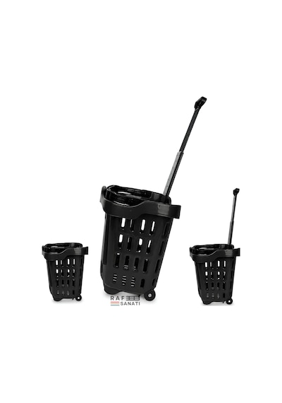 5 Adet - 43 Lt Tekerlekli Market Sepeti Plastik Alışveriş Sepeti Ergonomik Çift Saplı Siyah
