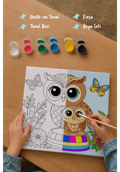 Sevimli Baykuş Temalı Çocuk Boyama Tuvali Şövalesiz Eğitici Boyama Seti 20x20 Cm