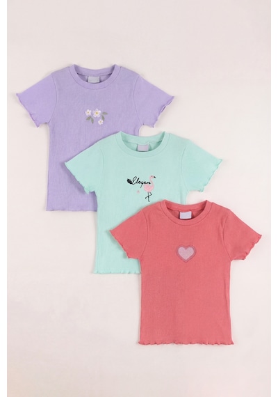 Monox 5-12 Yaş Kız Çocuk 3'lü Nakışlı Fitilli Tshirt Likralı Esnek Yazlık Body Set Lila Mint Gül
