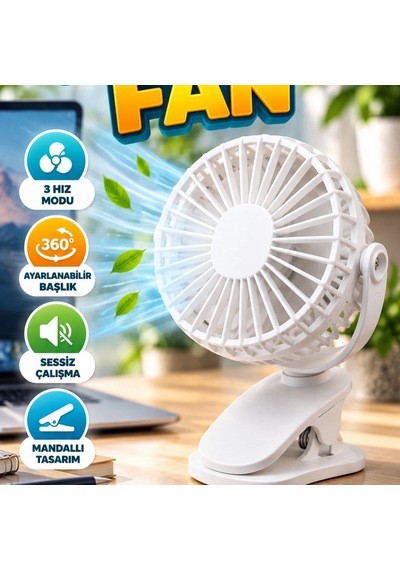 Mandallı Mini Fan 360 Ayarlanabilir Başlık, 3 Hız Modu Ve Sessiz Çalışma