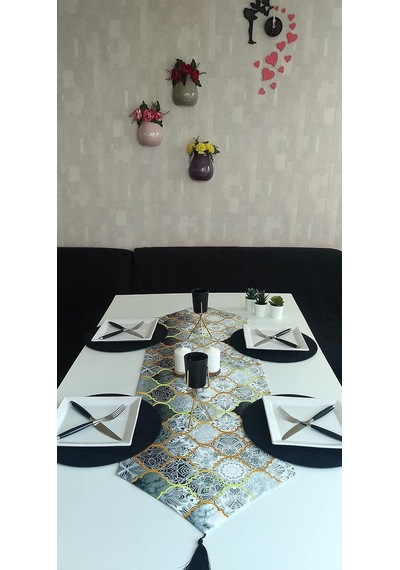 Tr Ayşemce Amerikan Servis Takım 4 Siyah Supla Gri Siyah Motifli Moroccan Desenli Runner A-home337 Diğer