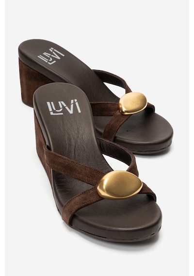 Luvi Shoes Caterına Kahverengi Süet Hakiki Deri Tokalı Kadın Dolgu Topuklu Terlik