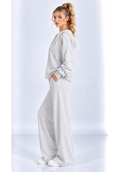 Mevese Kadın V Yaka Sweatshirt, Kolsuz Atlet Ve Yüksek Bel Wide Leg Pantolon Üçlü Spor Şık Takım- Gri Melan Gri Melanj