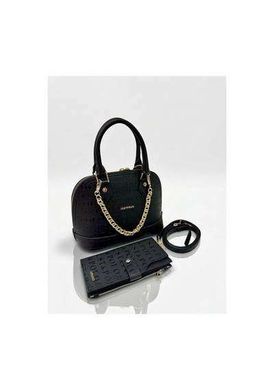 Just Polo Orijinal Kadın Zincir Detaylı Lüks Tasarım El & Omuz Çantası Ve Cüzdan Seti Shoulder Bag Shopper 25x22 Cm Siyah