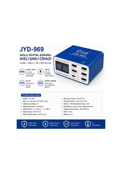 Dijital Ekranlı 6 Port Hızlı Şarj Cihazı 40w - Jyd-969 Pd 3.0 + Qc 3.0