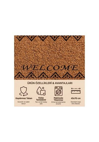 Coco Cc029a Welcome Desenli Kalın Kaymaz Taban Nem Alıcı Şık Tasarım Kapı Önü Paspası 45x75 Cm Bej