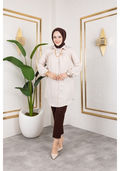 Nevayla Moda Önü Büzgülü Bilek Lastikli Tunik - Bej / Ü104 Bej