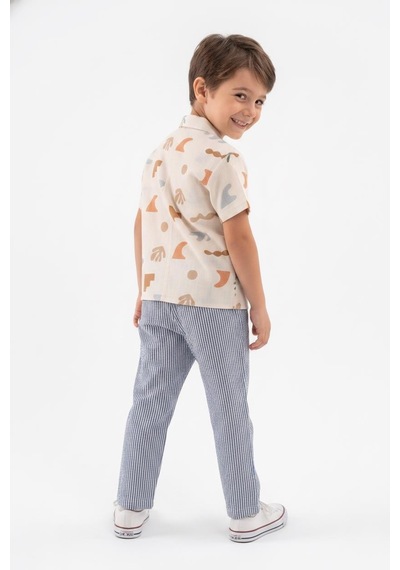 Miababy Baskılı Müslin Gömlek Pantolon 2li Takım İndigo