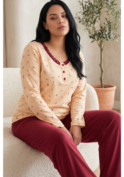 Siyah İnci Düğmeli Pamuklu Likralı Büyük Beden Battal Boy Örme Pijama Takım 26240901 Sarı