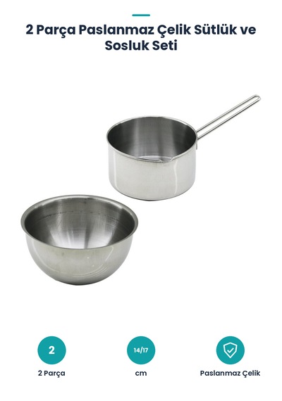 2 Parça Sütlük Ve Sosluk Seti - 14 Cm Ve 17 Cm - Paslanmaz Çelik Gümüş