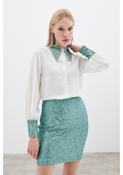 Sateen Payetli Mini Etek - Mint-135368 Mint