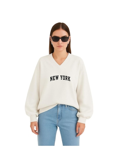 Benroma New York Baskılı Ünisex V Yaka Sweatshirt Beyaz