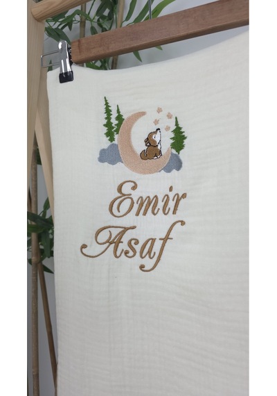 Gros Shop Müslin Yeni Doğan 4katlı Organik %100pamuk Kişiye Özgü Nakışlı Hastane Çıkış Seti Kurt Model-1 Ekru-2