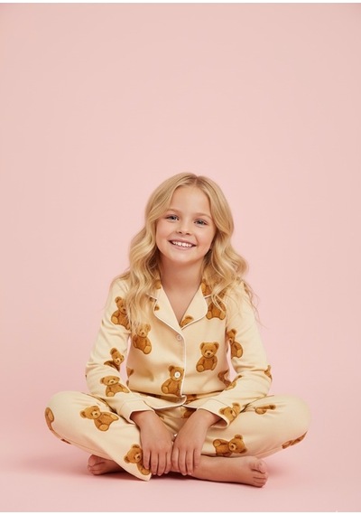 Beka Kids Ayıcık Desenli Uzun Kollu Önden Düğmeli Gömlek Yaka Kız Çocuk Pijama Takımı %100 Pamuklu Bej Beka Kids Ayıcık Desenli Uzun Kollu Önden Düğmeli Gömlek Yaka Kız Çocuk Pijama Takımı %100 Pamuklu Bej