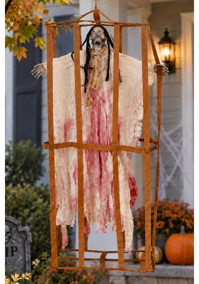 Cadılar Bayramı Askılı Kafesli Korku Figürü Beyaz Sesli Hareketli Işıklı Halloween Dekoru 90 Cm Tüm Yaşlar