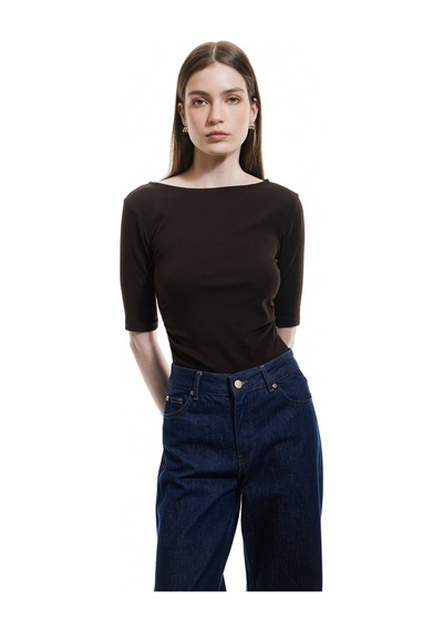 Koton Drape Detaylı Pamuklu Kısa Kollu Yuvarlak Balerin Yaka Tişört Kahverengi 5sak50416ek Kahve Koton Drape Detaylı Pamuklu Kısa Kollu Yuvarlak Balerin Yaka Tişört Kahverengi 5sak50416ek Kahve