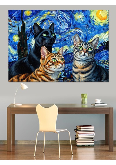 Yıldızlı Gecede İki Dost Kedi Dekoratif Kanvas - Mdf Ahşap Tablo