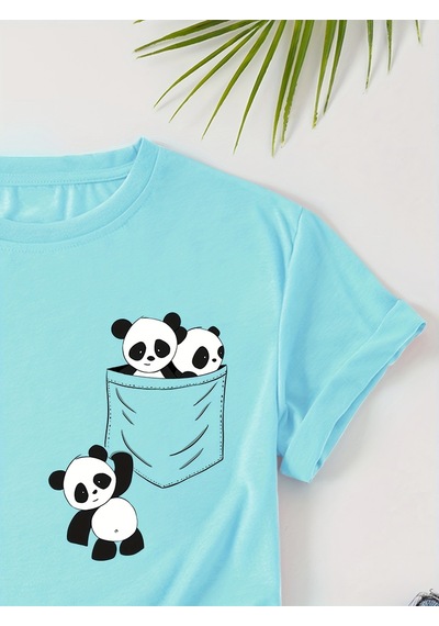 Uyguntarz Unisex Cep Panda Baskılı Tasarım Tshirt Bebe Mavisi