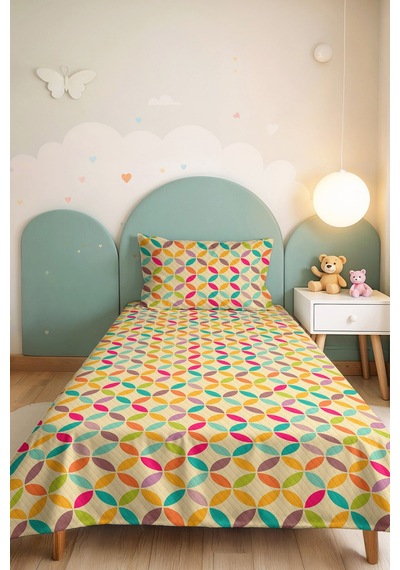 Renkli Geometrik Genç Odası Tek Kişilik Pike Takımı - Turkuaz Sarı 160x220 Cm Kapitone Yatak Örtüsü Buharlı Halı Aralığı